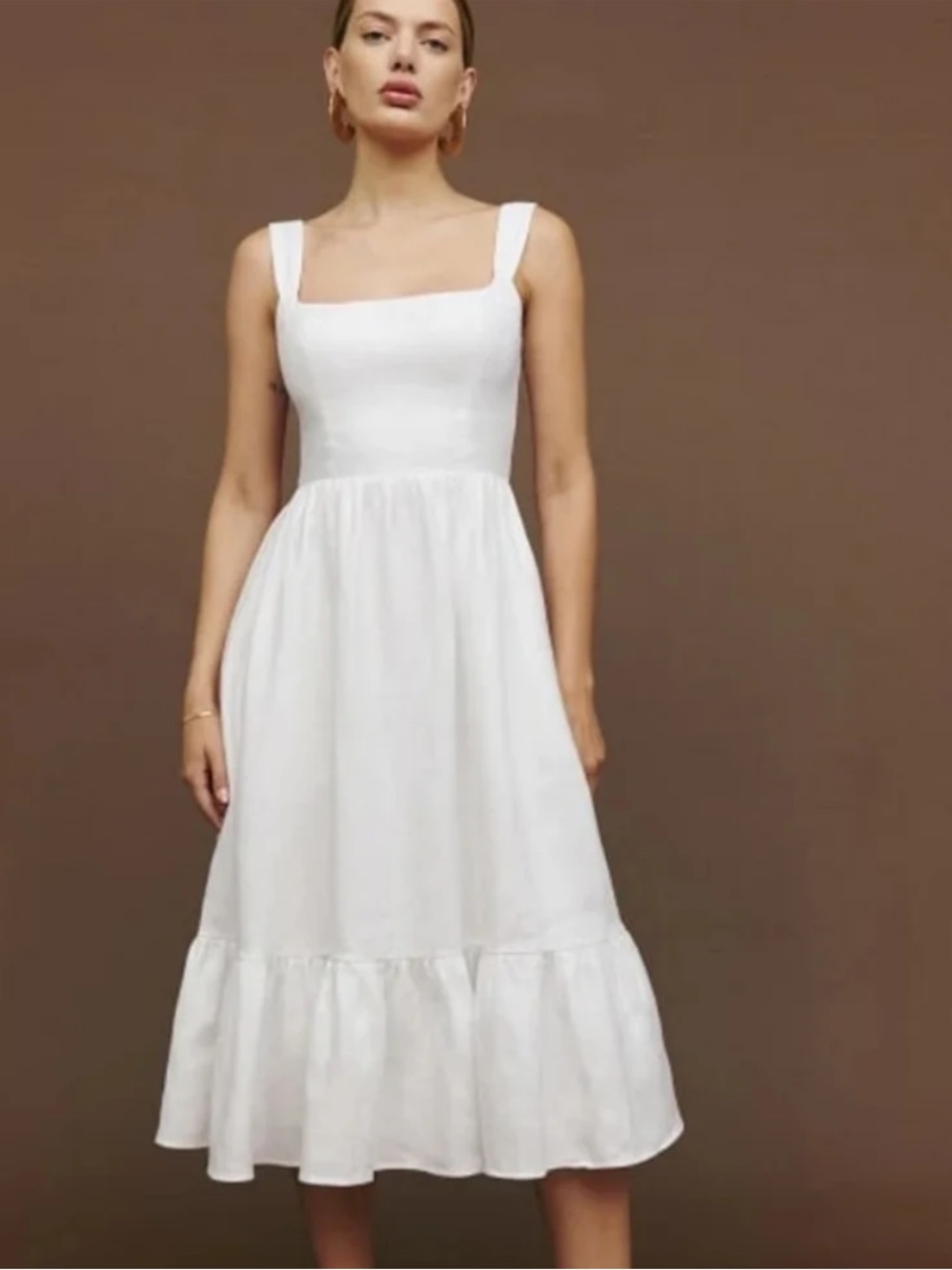 Reformation Bucatini Linen Midi Dress White Square Neck Linen Dress Size 2 - Picture 1 of 9